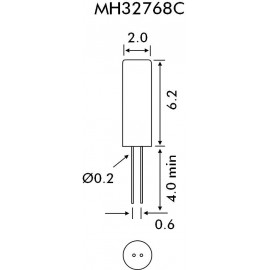 Órakvarc, kristály, frekvencia: 32,768000 kHz, kivitel: MH32768C, cilinder (Ø x Ma) 2 mm x 6,2 mm, E 2. kép