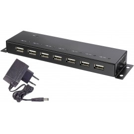 7 port USB 2.0 hub, fém ház, falra szerelhető, fekete, Renkforce