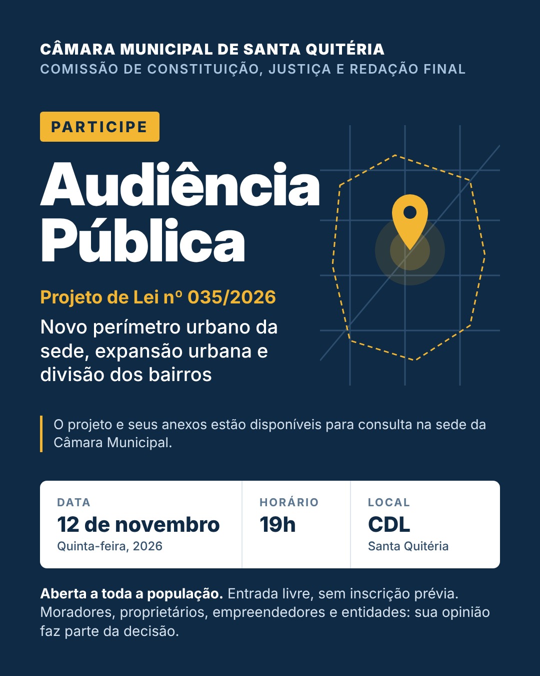 CÂMARA CONVOCA POPULAÇÃO PARA AUDIÊNCIA PÚBLICA SOBRE O PROJETO DE LEI DO NOVO PERÍMETRO URBANO DE SANTA QUITÉRIA.