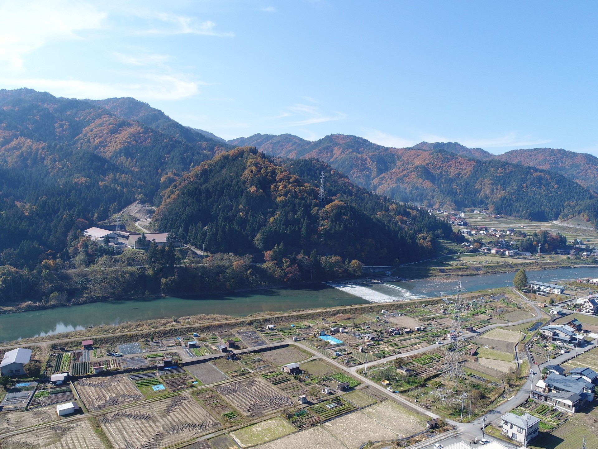 姉小路氏城館跡　古川城跡の航空写真（東から）