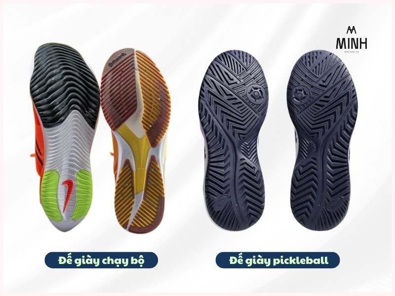 Đế giày chạy bộ có thiết kế hướng dọc trong khi giày pickleball có họa tiết đa hướng