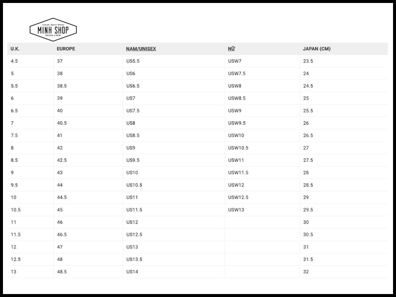 Bảng size giày bóng đá Mizuno