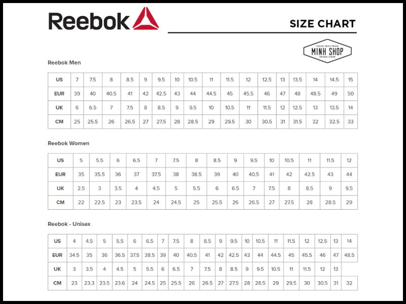 Bảng size giày Reebok