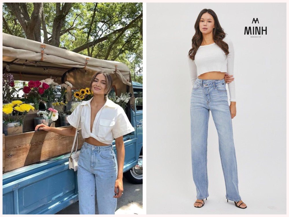 Áo croptop phối cùng quần jeans cạp cao