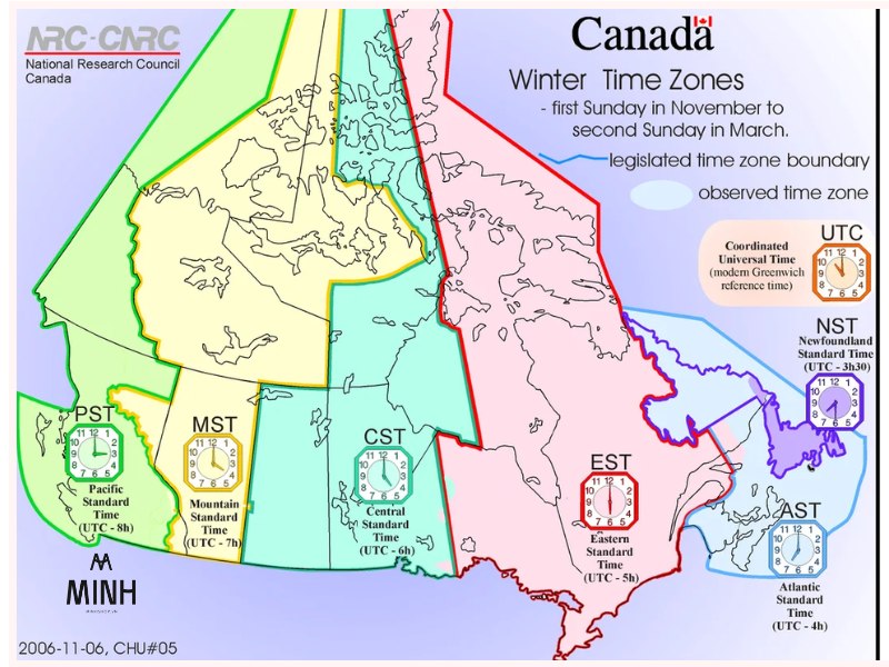 Canada có nhiều múi giờ khác nhau 