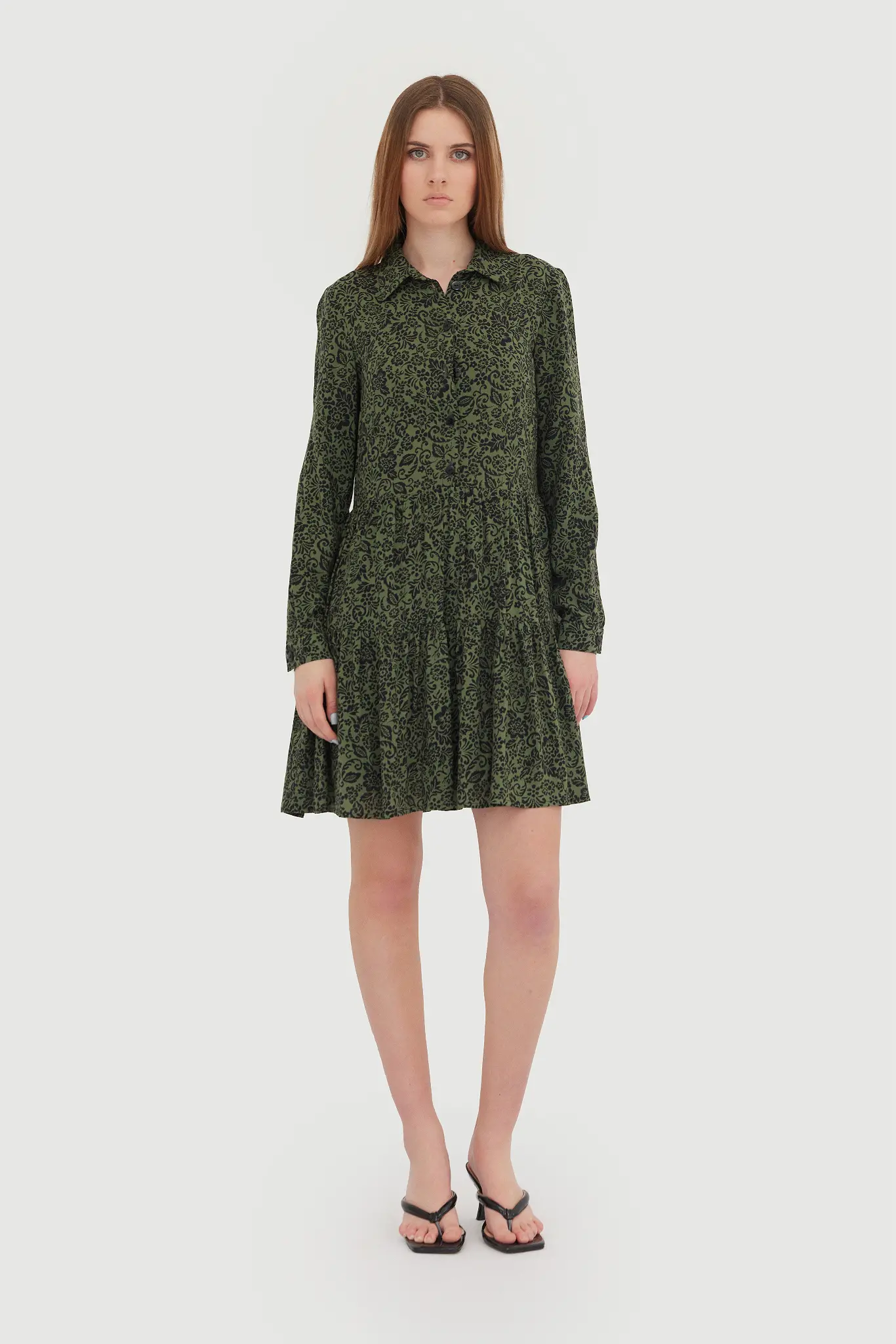 Rochie mini kaki cu imprimeu floral și cordon în talie – 100% bumbac 1