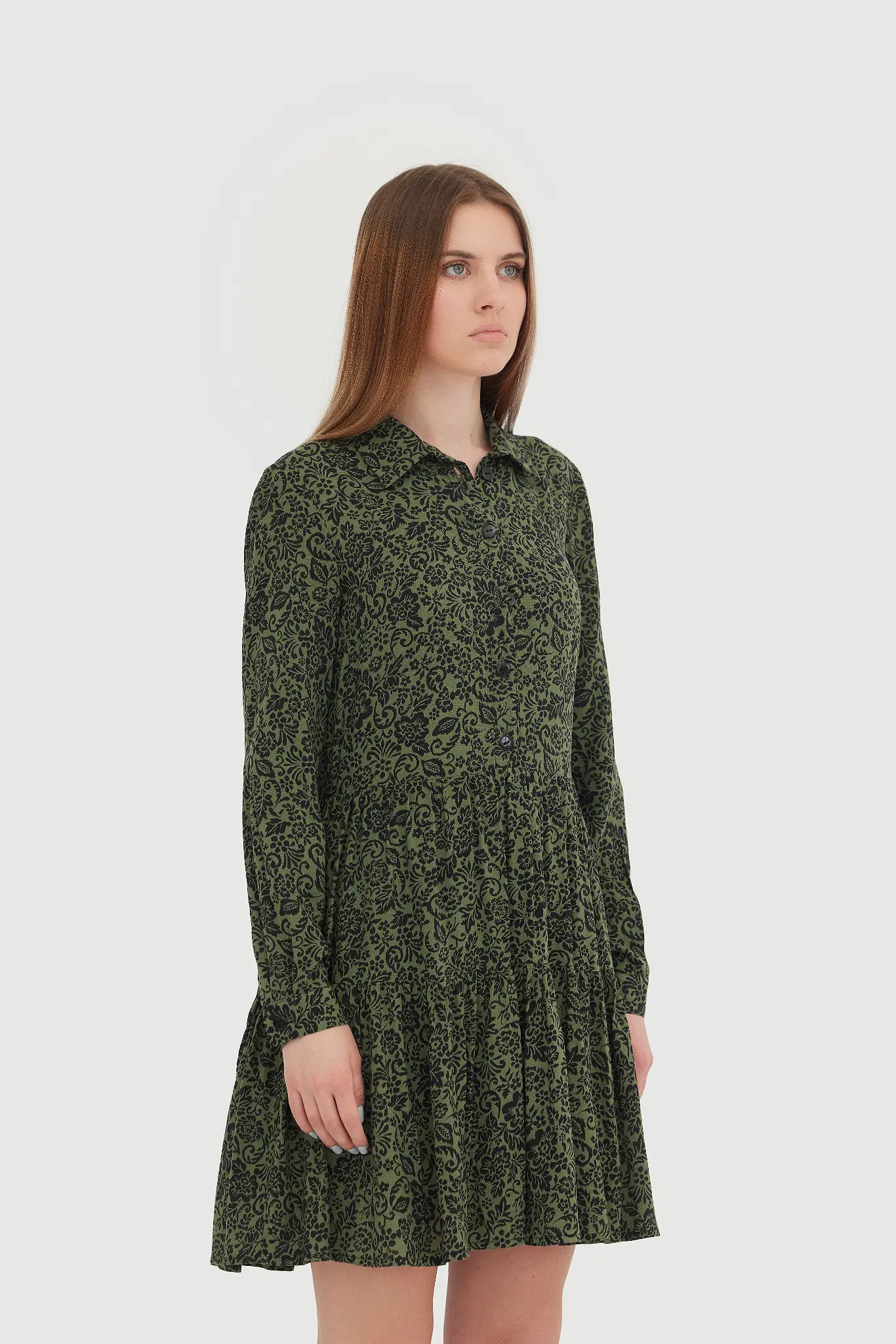 Rochie mini kaki cu imprimeu floral și cordon în talie – 100% bumbac 2