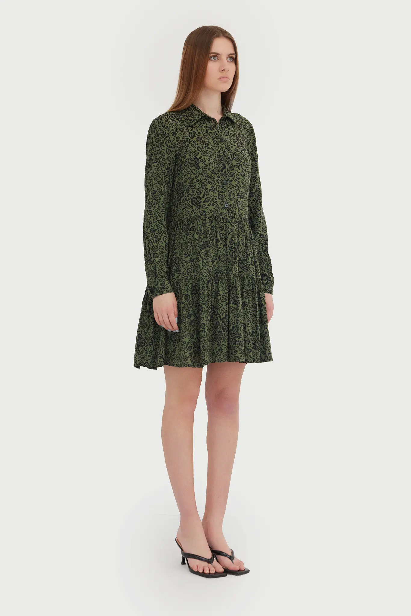 Rochie mini kaki cu imprimeu floral și cordon în talie – 100% bumbac 3