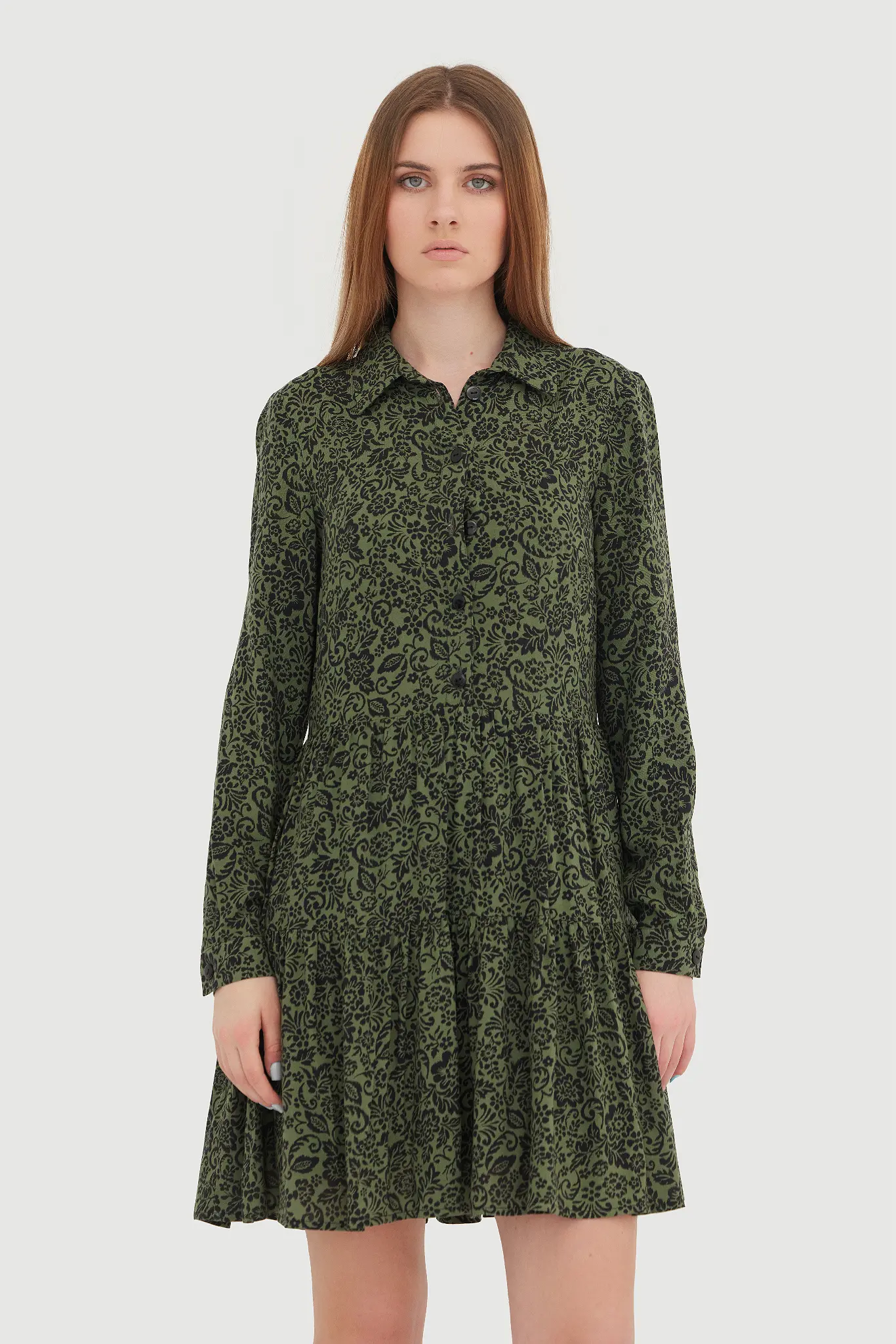 Rochie mini kaki cu imprimeu floral și cordon în talie – 100% bumbac 5