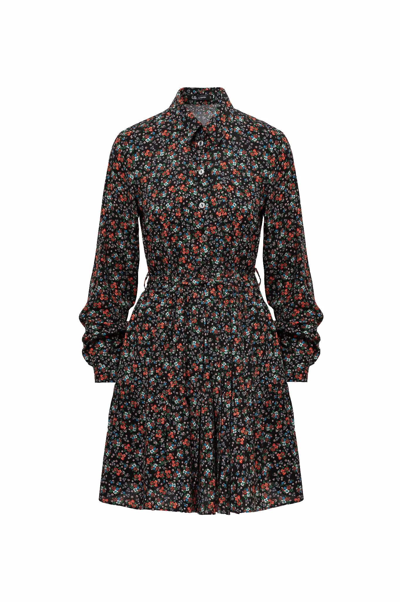 Rochie mini neagră cu imprimeu floral și cordon în talie – 100% bumbac