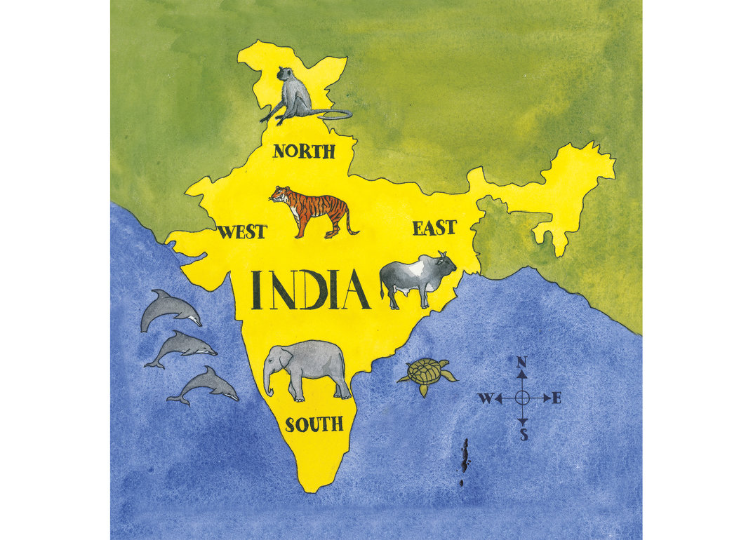 india map with directions A Map Of India Marking The Four Directions And Animals Specific To Those Parts Storyweaver india map with directions