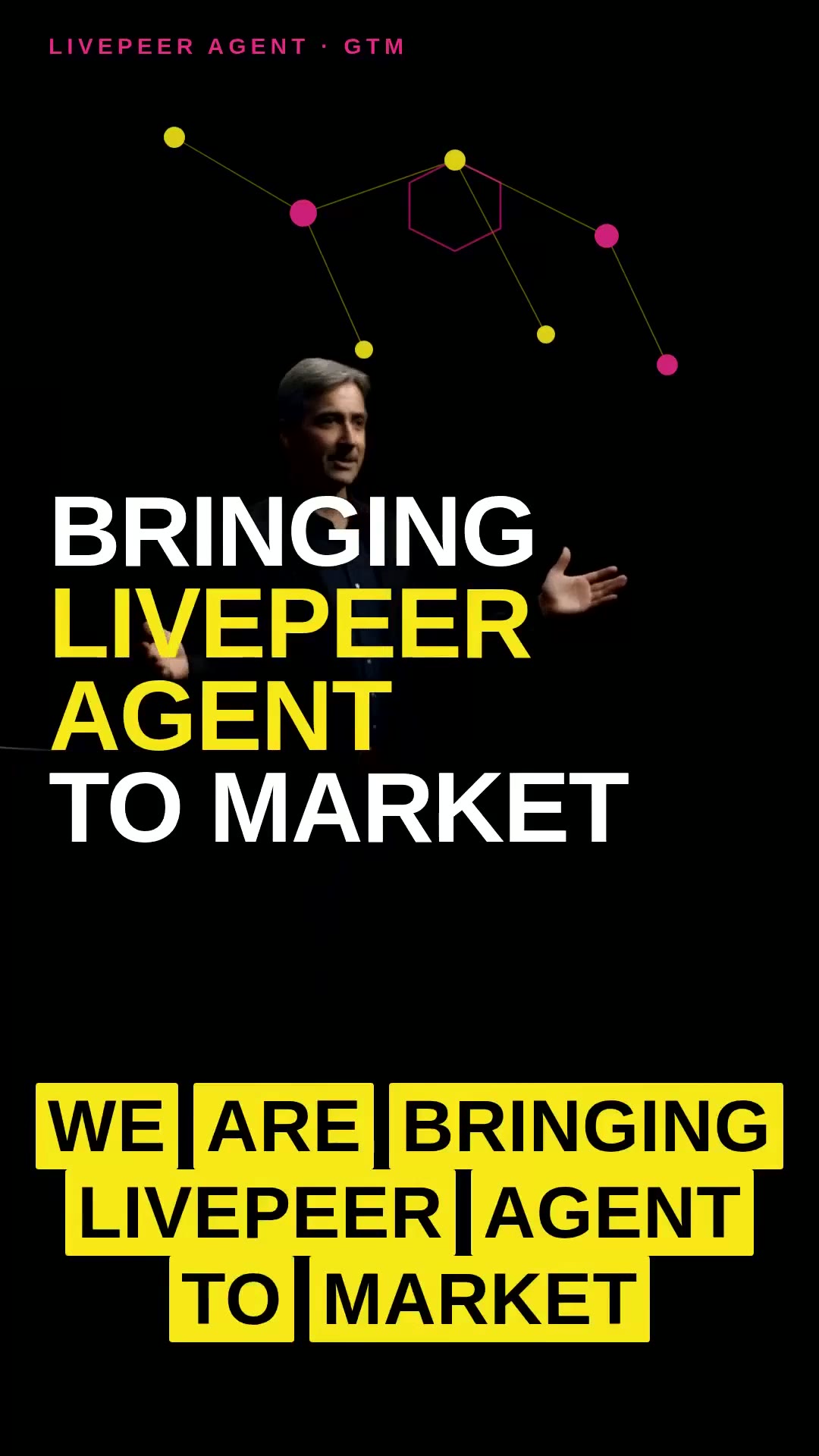 Composited frame: condensed hero type, molecular network graphics, word-hit captions over a graded talking-head