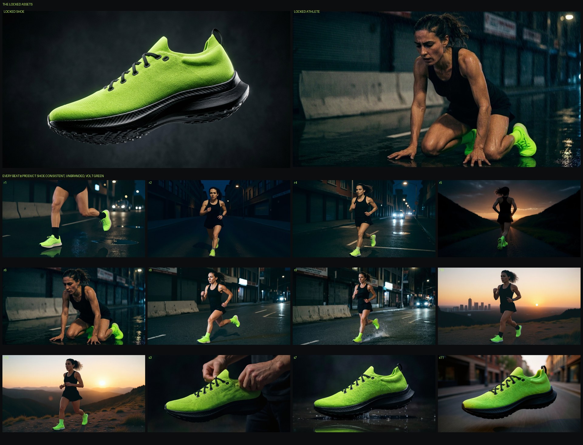 The locked shoe and athlete compared against the story beats — identity held across every shot