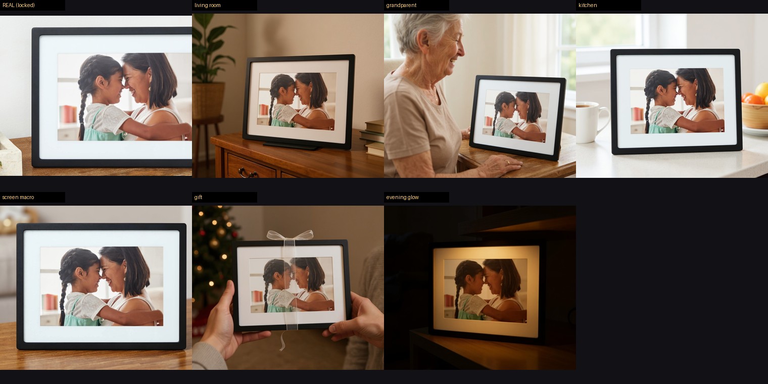 The real frame compared against six warm family scenes — hardware identical across all