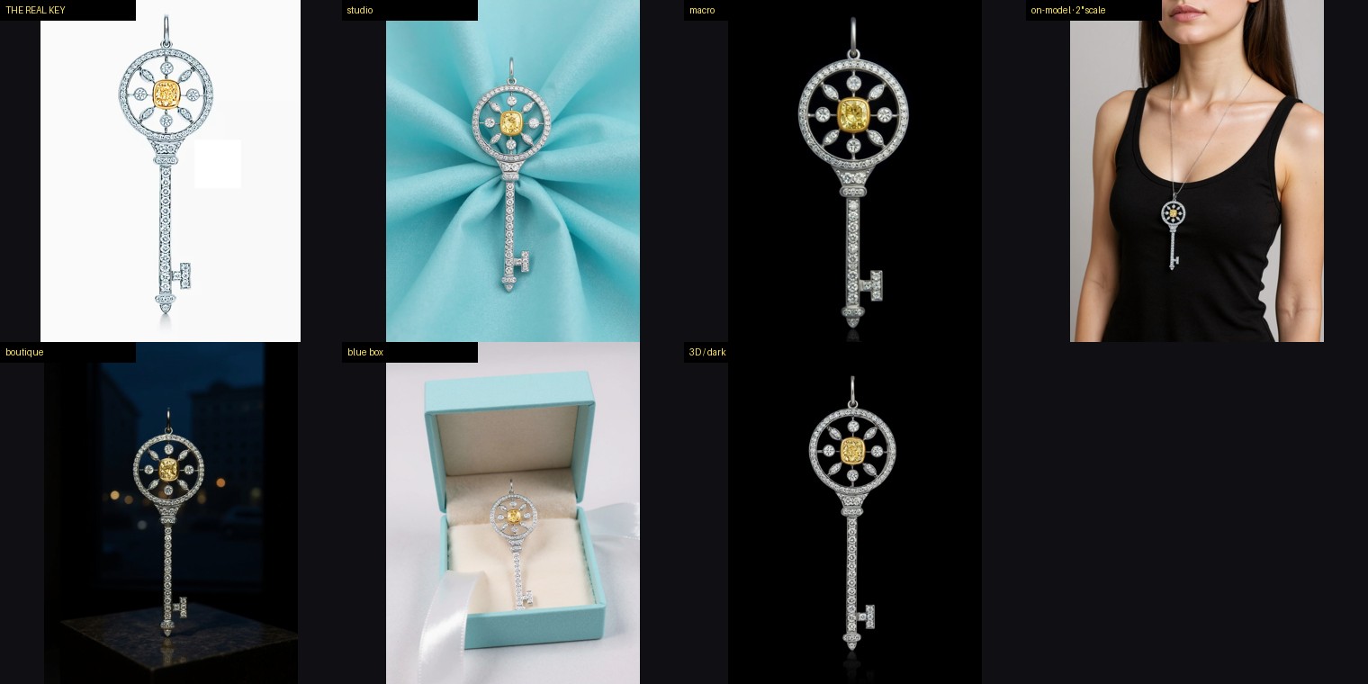 The locked Tiffany key compared against six placements — identical across all