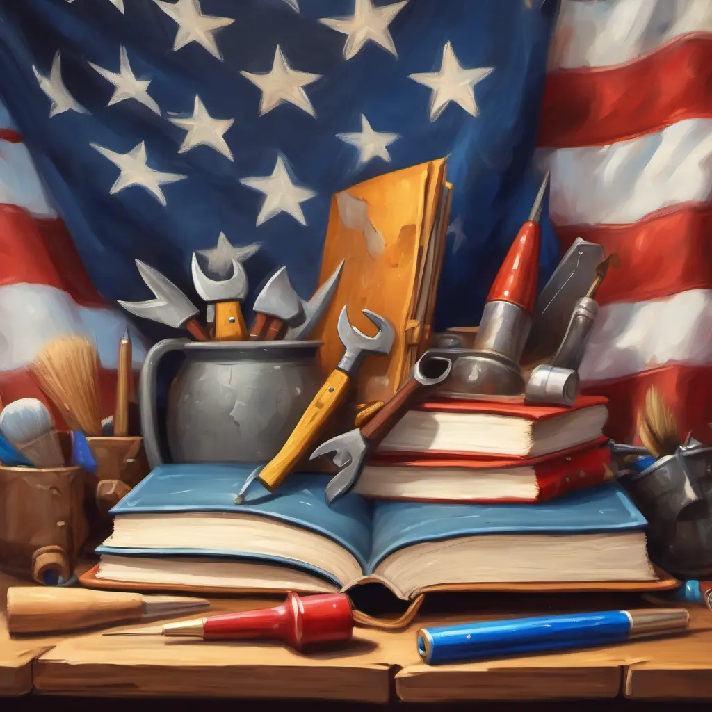 books in front of american flag