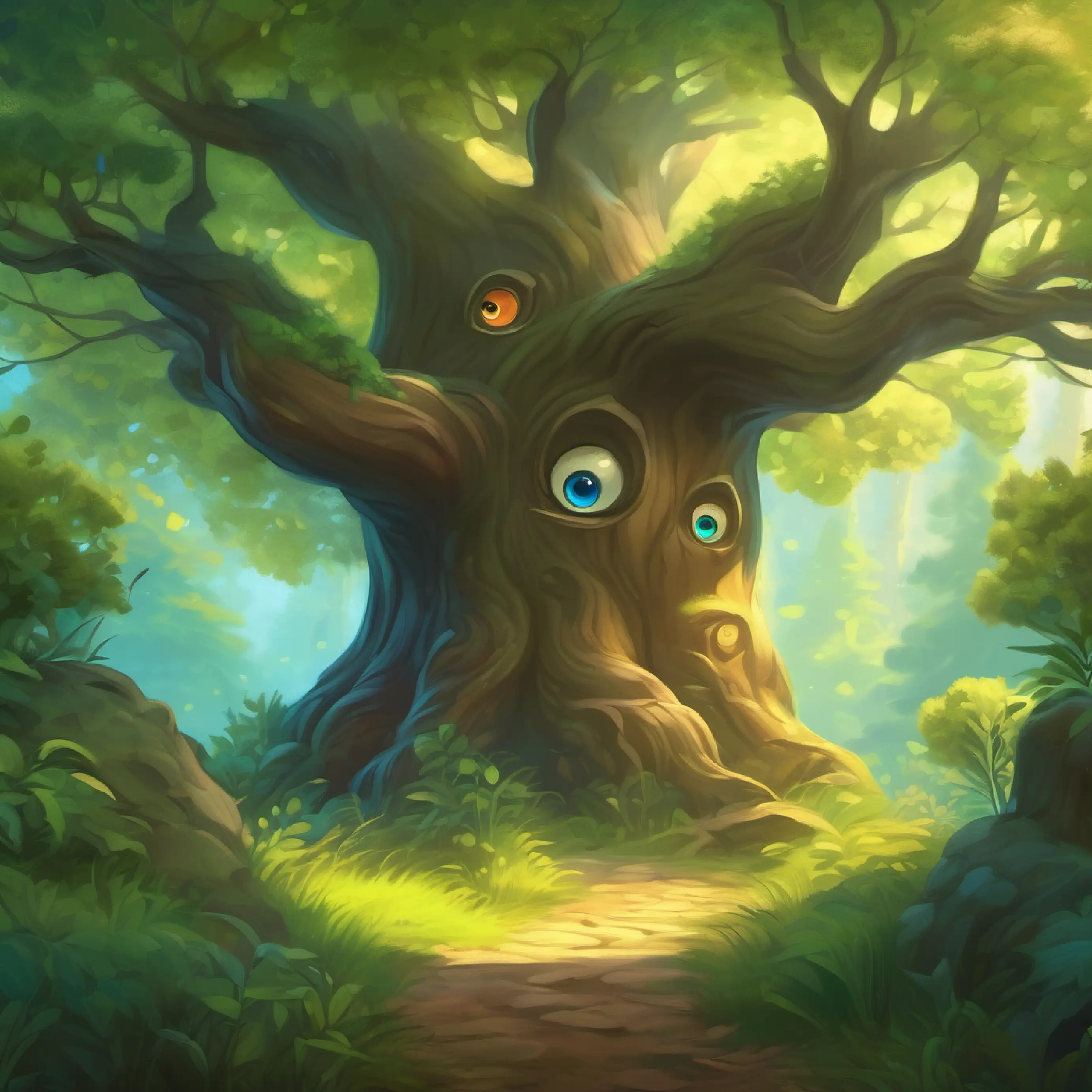 A tree with gentle, knowing eyes watched over the forest creatures