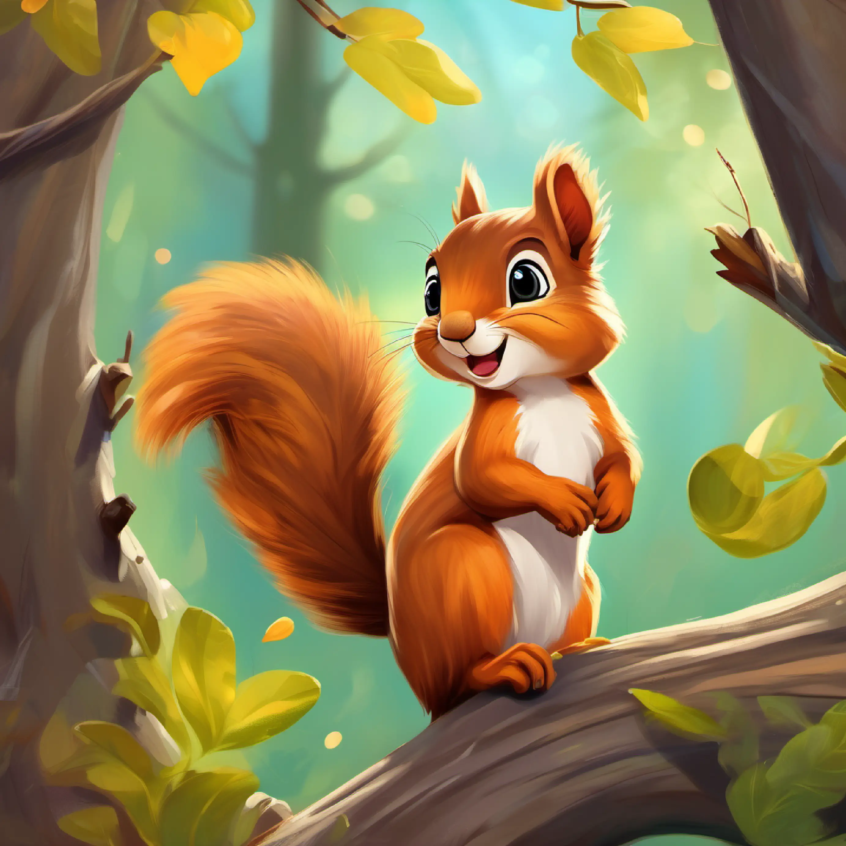 Restless Young, playful squirrel with a bushy tail and bright, curious eyes played around, ignoring the tree’s wisdom