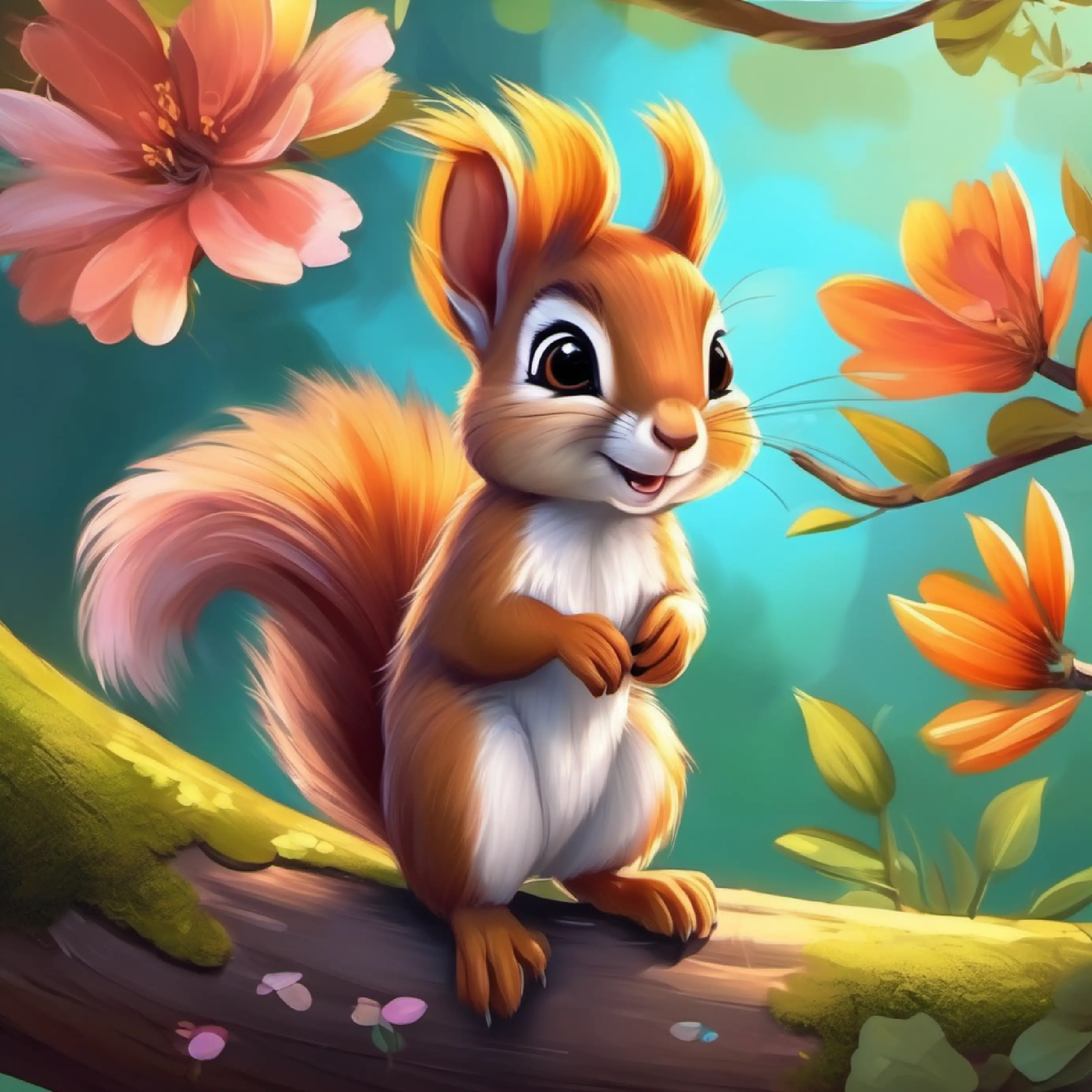 Young, playful squirrel with a bushy tail and bright, curious eyes discovered a beautiful flower blooming on the tree