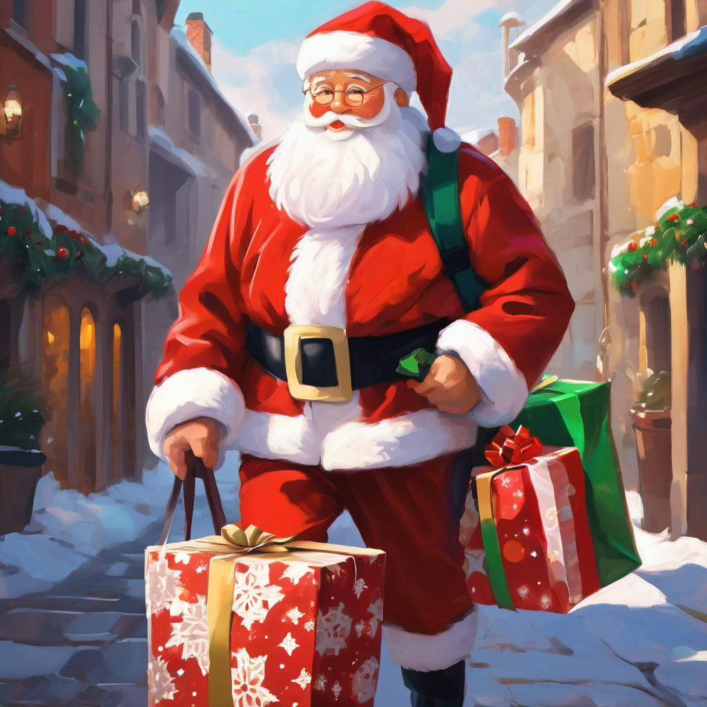 Dad wearing a Santa Claus costume and carrying presents
