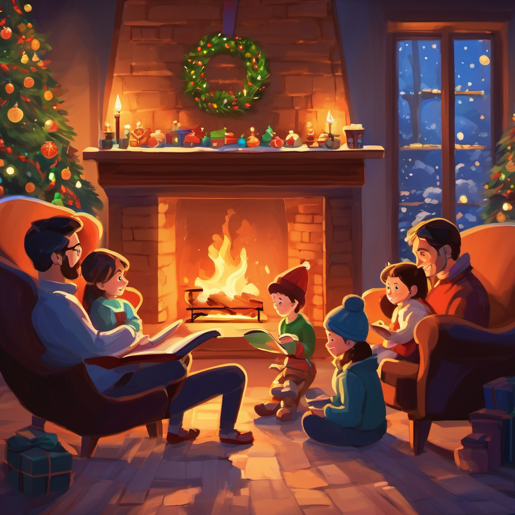 Family sitting together by the fireplace, reading Christmas stories