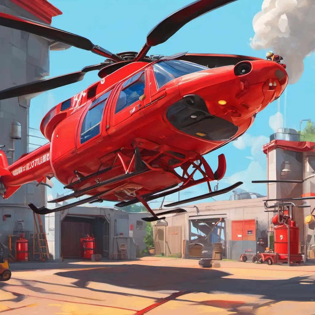 The story takes place in a fire station where A bright red helicopter with a big water tank on his belly, a bright red helicopter, is getting ready to put out fires. He has a big water tank on his belly and his rotors are spinning fast as he flies through the air.