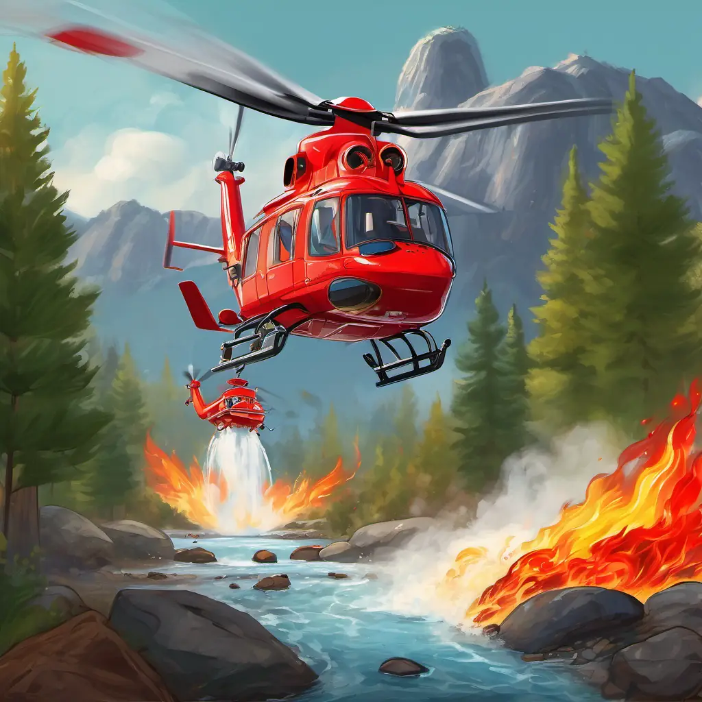 A bright red helicopter with a big water tank on his belly arrives at a fire and hovers over the flames, releasing a stream of water. The firefighters on the ground are cheering and thanking A bright red helicopter with a big water tank on his belly for his bravery.