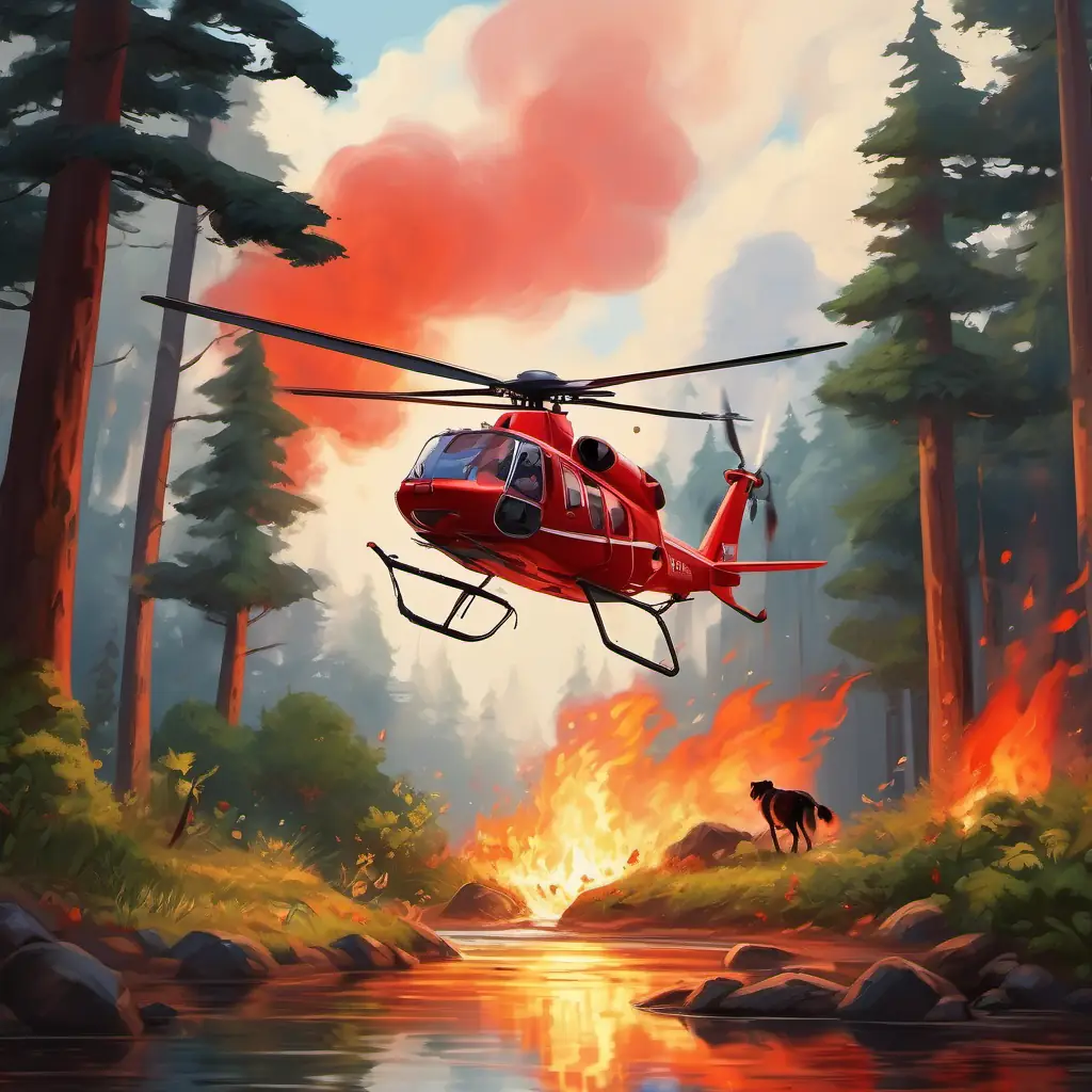 There is a big fire in the forest and A bright red helicopter with a big water tank on his belly flies towards it with his water tank full. The fire is hot and the smoke is making it hard to see, but A bright red helicopter with a big water tank on his belly is determined to save the animals by dropping water on the flames.