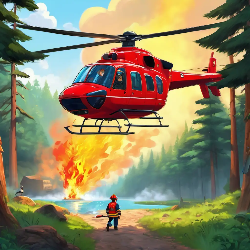 A bright red helicopter with a big water tank on his belly successfully puts out the fire in the forest and saves the animals. He returns to the fire station where the other helicopters applaud him for his bravery.