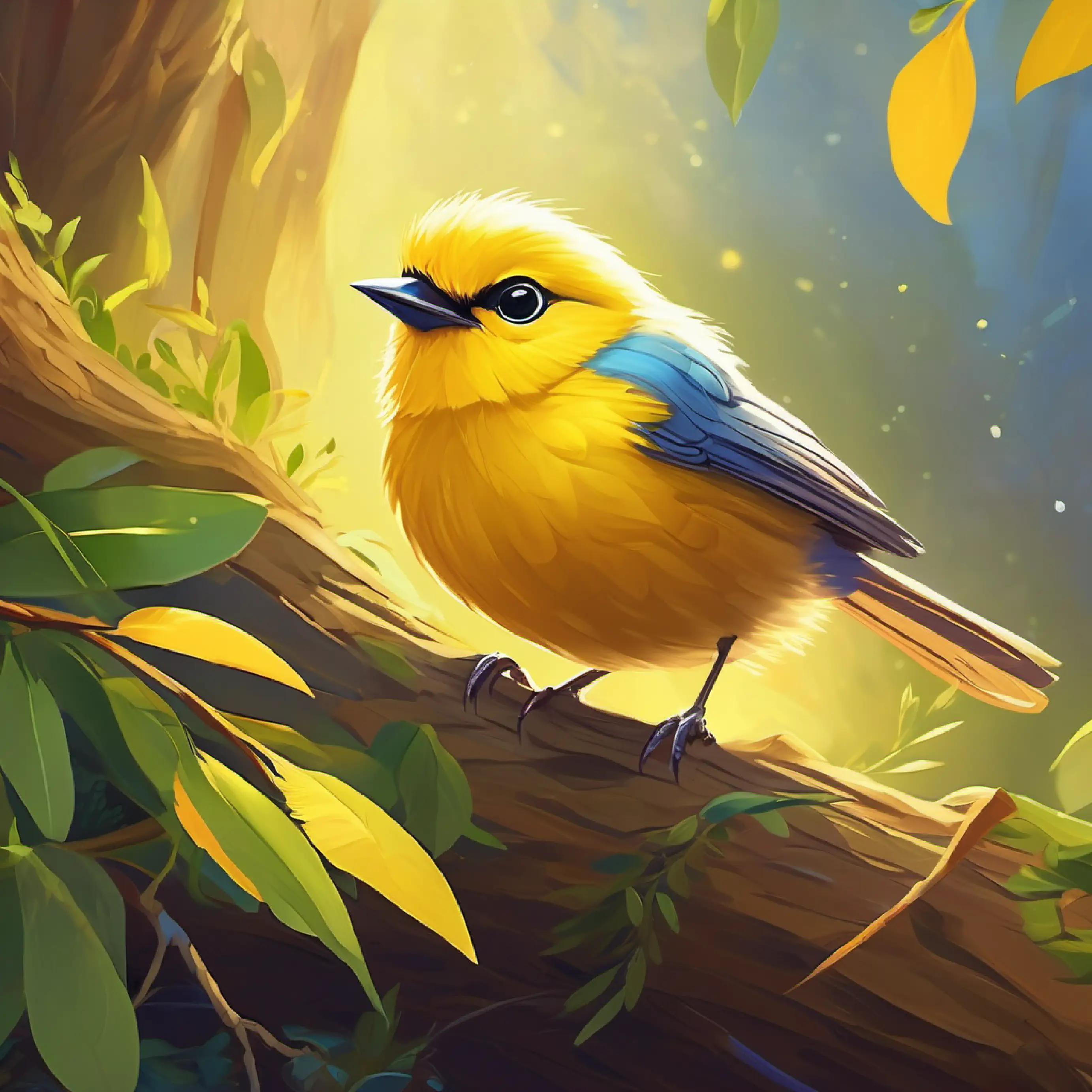 A bright, small bird with yellow feathers and curious eyes leaves the nest early, happy about her morning adventure.