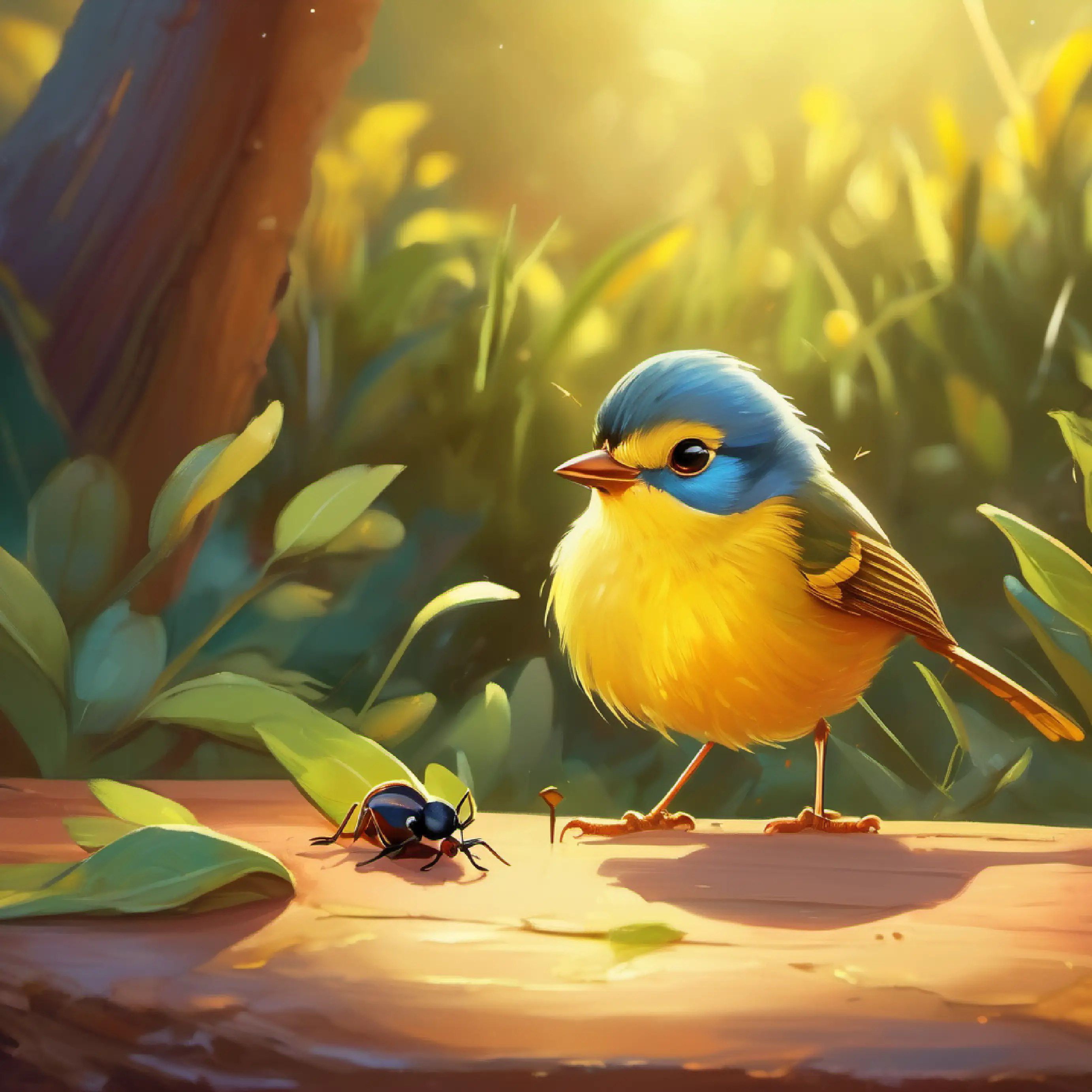 A bright, small bird with yellow feathers and curious eyes shares her food with an ant, explaining the beauty of early mornings.