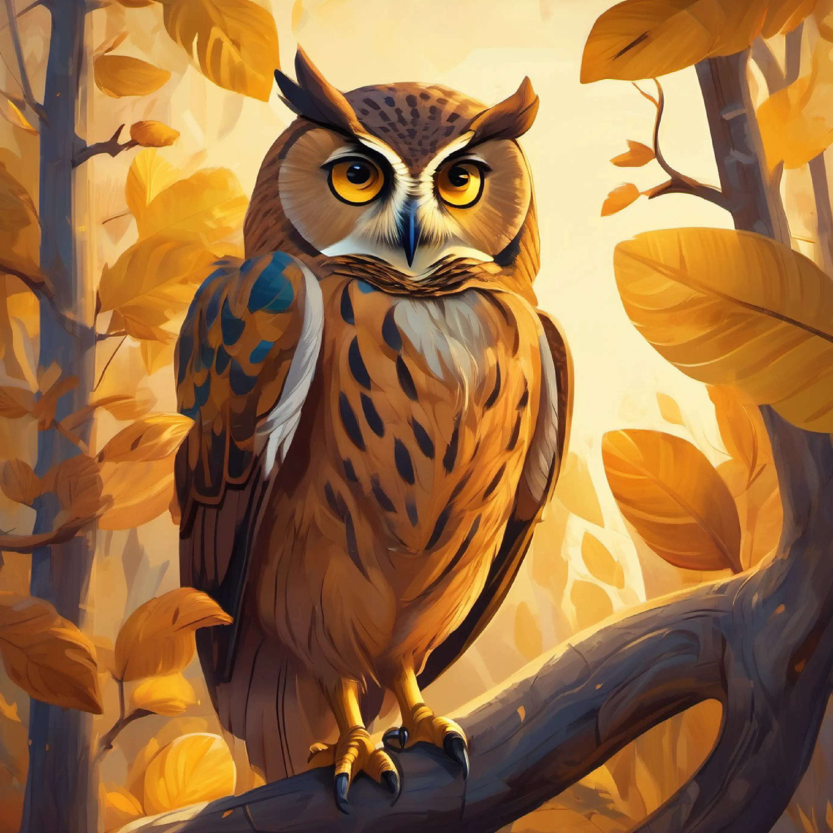 A big owl with brown feathers and wide, sleepy eyes joins A bright, small bird with yellow feathers and curious eyes for an early morning and also enjoys the rewards.