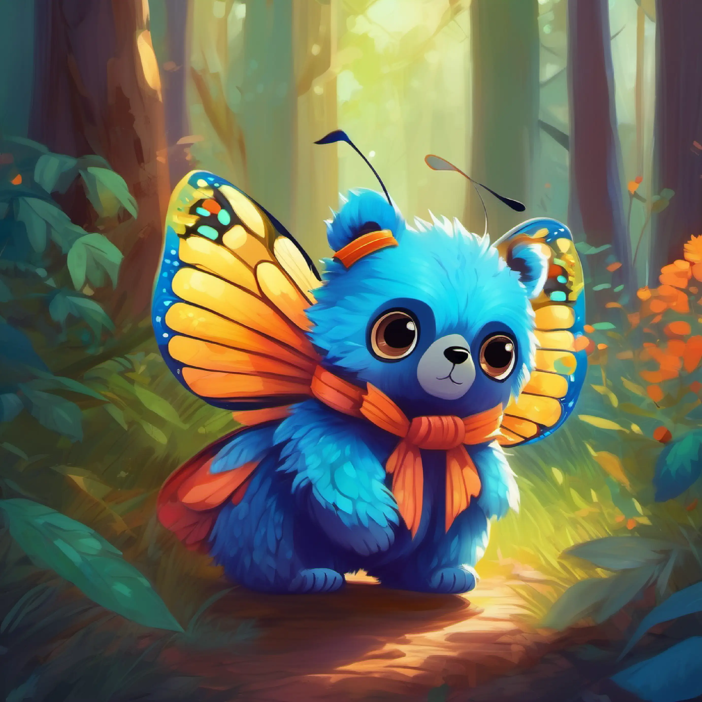 Bright butterfly, many colors, always fluttering invites Little bear, fluffy, with curious brown eyes on an adventure deeper into the woods.