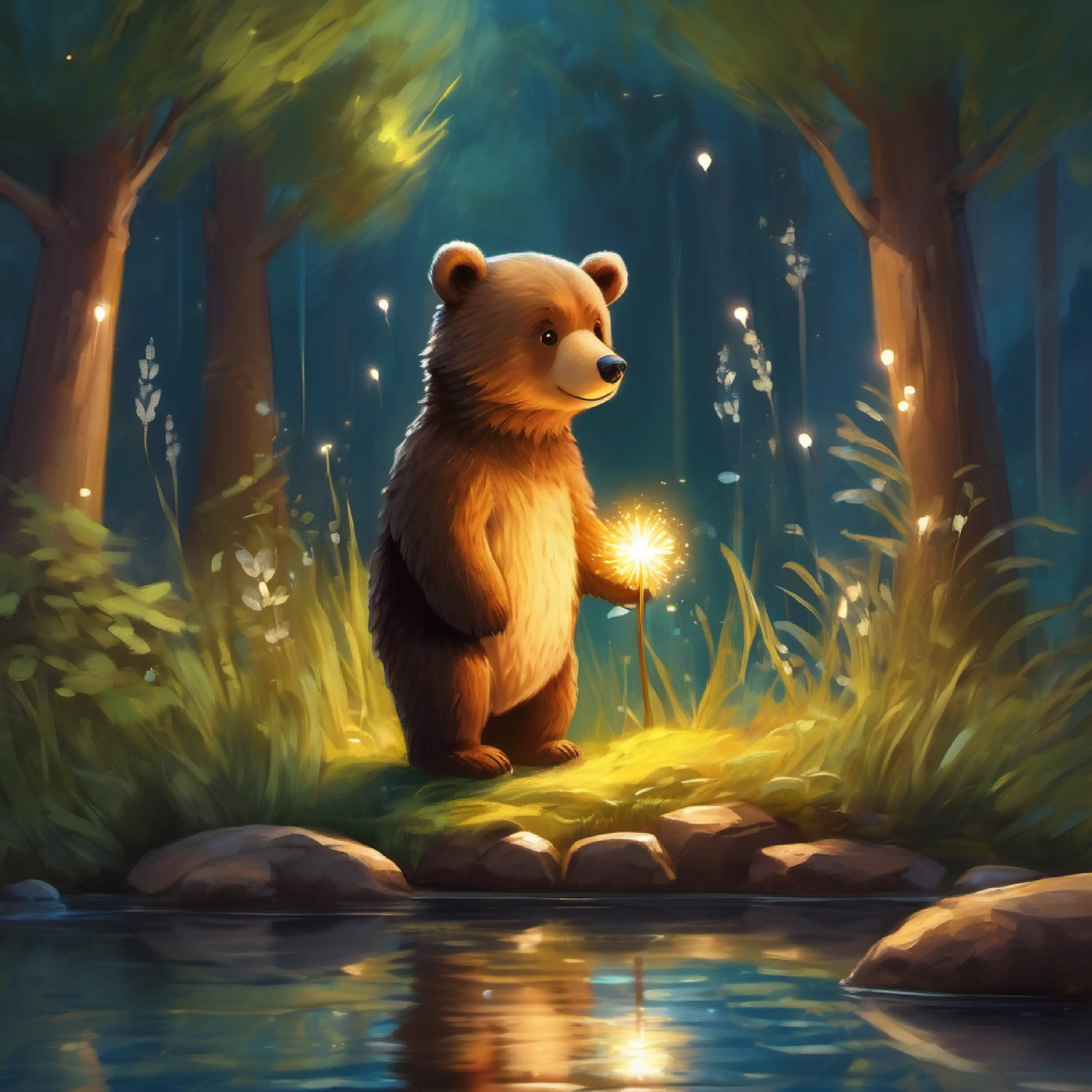 Little bear, fluffy, with curious brown eyes finds a Pond of Wishes and makes a wish.