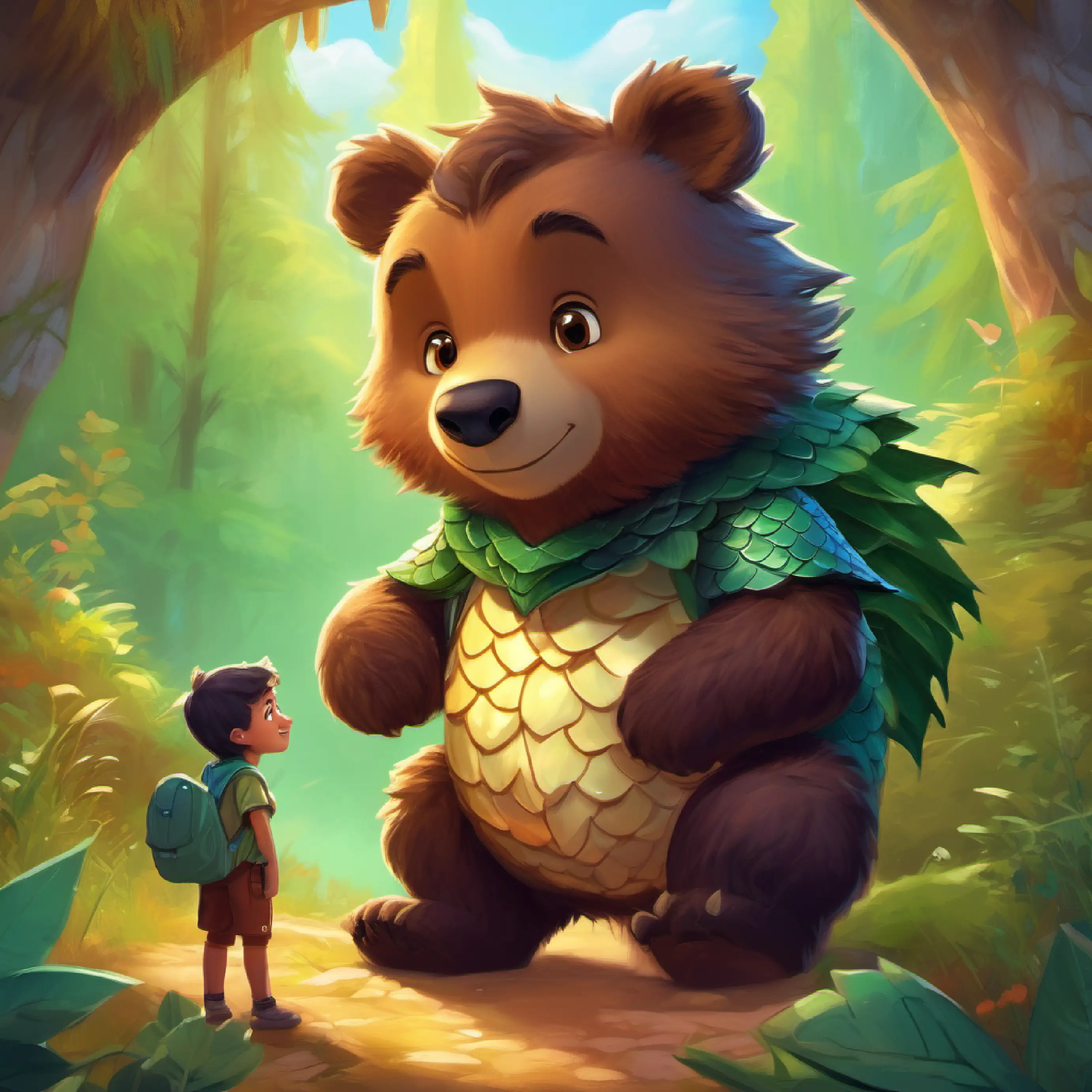Little bear, fluffy, with curious brown eyes meets a friendly dragon named Small dragon, shiny scales, kind green eyes.