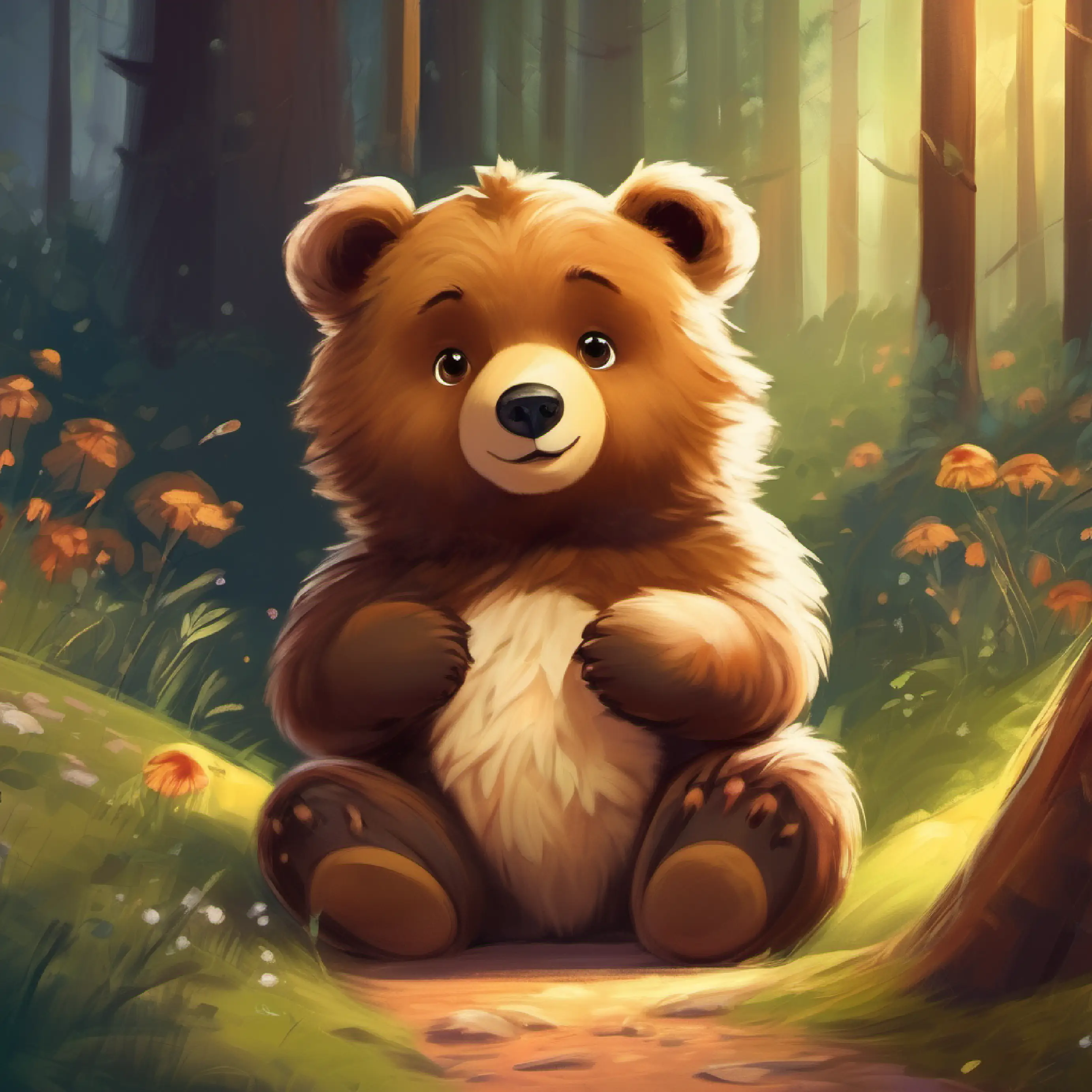 Little bear, fluffy, with curious brown eyes plays with new friends and promises to return.