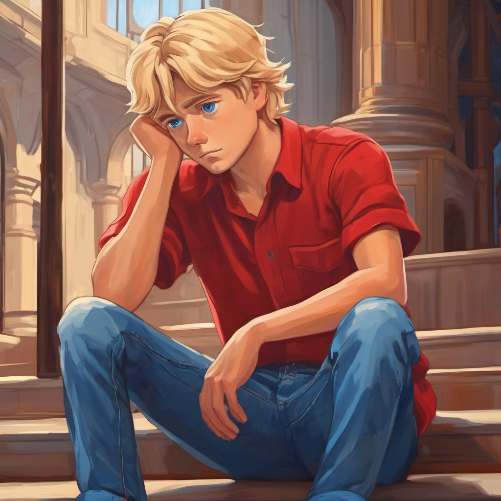 Blond hair, blue eyes, wearing a red shirt and blue jeans with a sad expression, feeling devastated by the court's decision