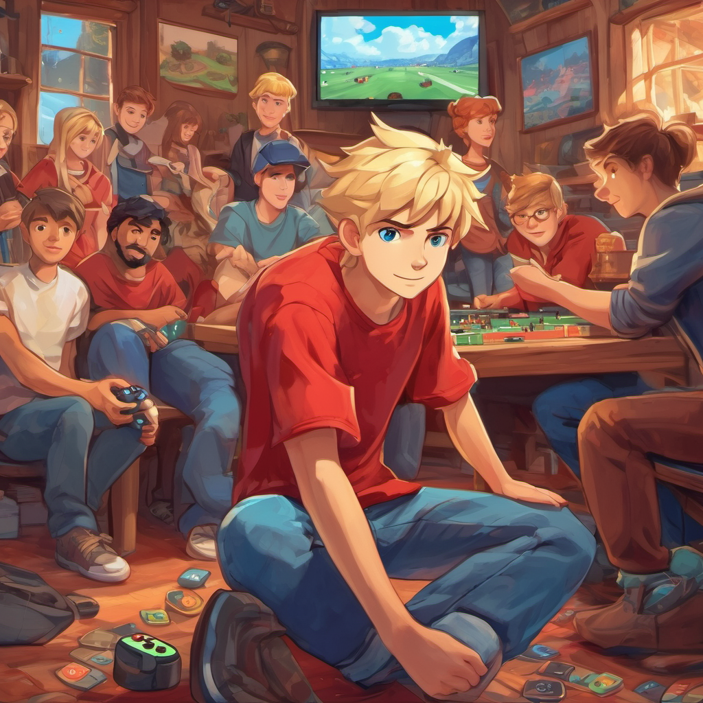 Blond hair, blue eyes, wearing a red shirt and blue jeans practicing video games, surrounded by other gamers who admire him