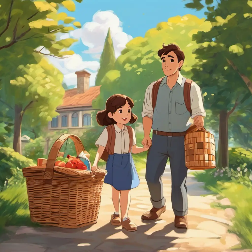 Maria has brown hair and brown eyes and her dad at home, getting ready for the park. They are packing a picnic basket.