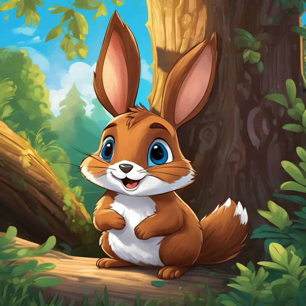 Benji is a little bunny with soft brown fur and bright blue eyes listening intently to Sammy is a mischievous squirrel with brown fur and playful black eyes the squirrel, both of them near Sammy is a mischievous squirrel with brown fur and playful black eyes's treehouse full of shiny trinkets