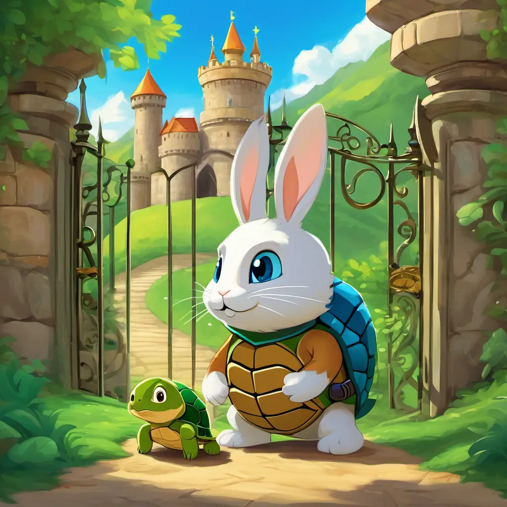 Benji is a little bunny with soft brown fur and bright blue eyes wearing the golden crown, standing at the castle gate, while Tommy is a tired turtle with a green shell and a wearisome expression the turtle stands nearby, with a green shell and a wearisome expression