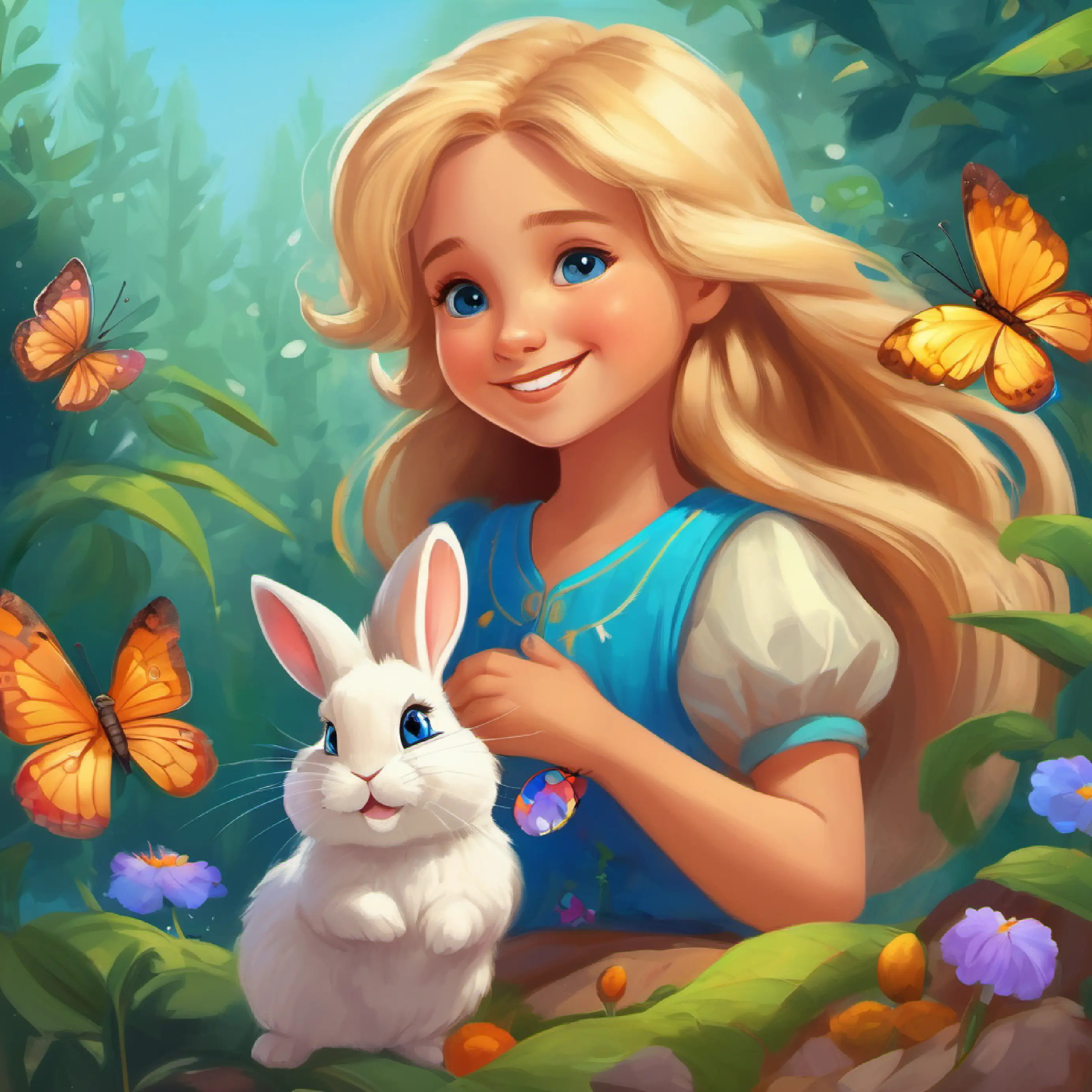 Young princess with a bright smile and long golden hair, blue eyes meets sad rabbit Small, fluffy rabbit, brown fur, big teary eyes and decides to help find his friend, Tiny caterpillar, later a colorful butterfly, cheerful the caterpillar.