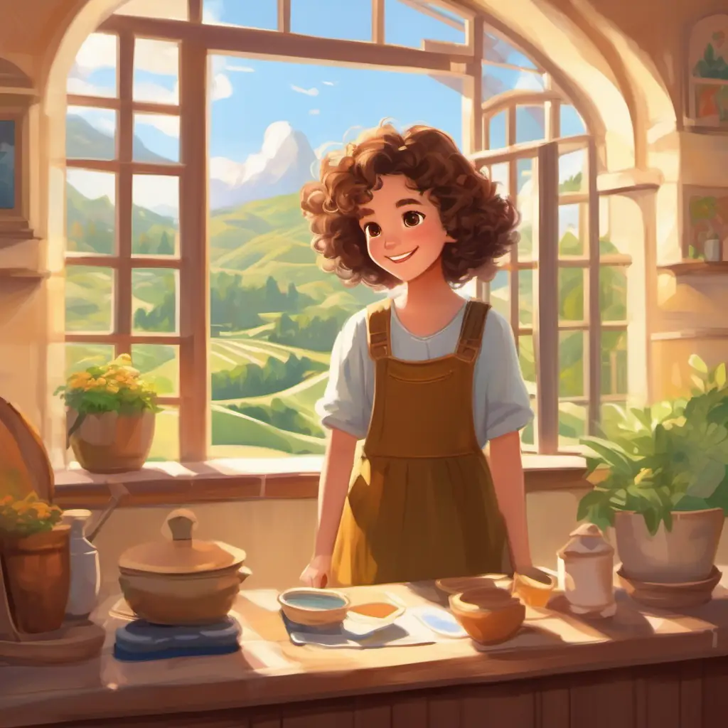 Introducing Young girl, curly brown hair, brown eyes, always carrying a smile in her home, sunny valley.