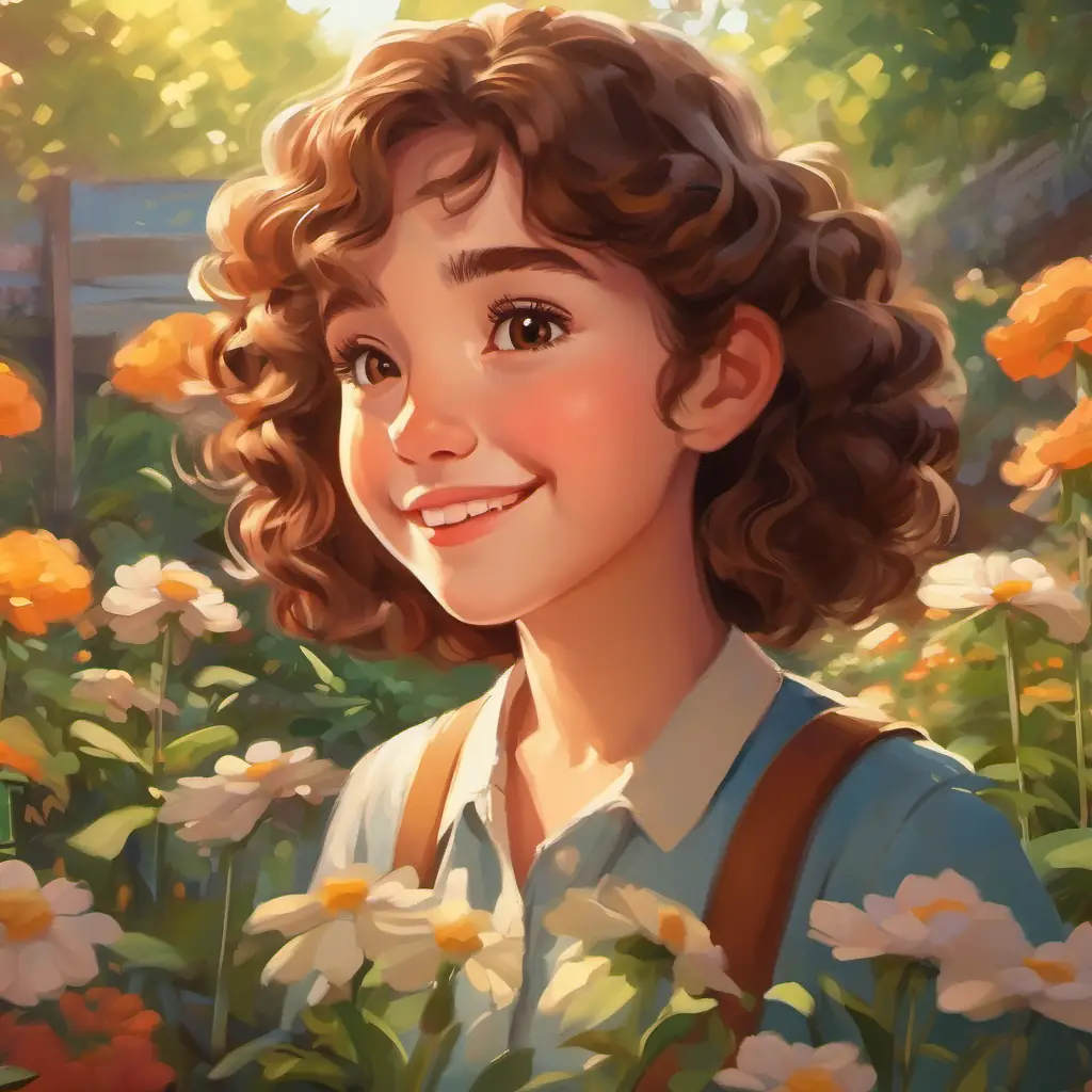 Describing the garden behind Young girl, curly brown hair, brown eyes, always carrying a smile's home.