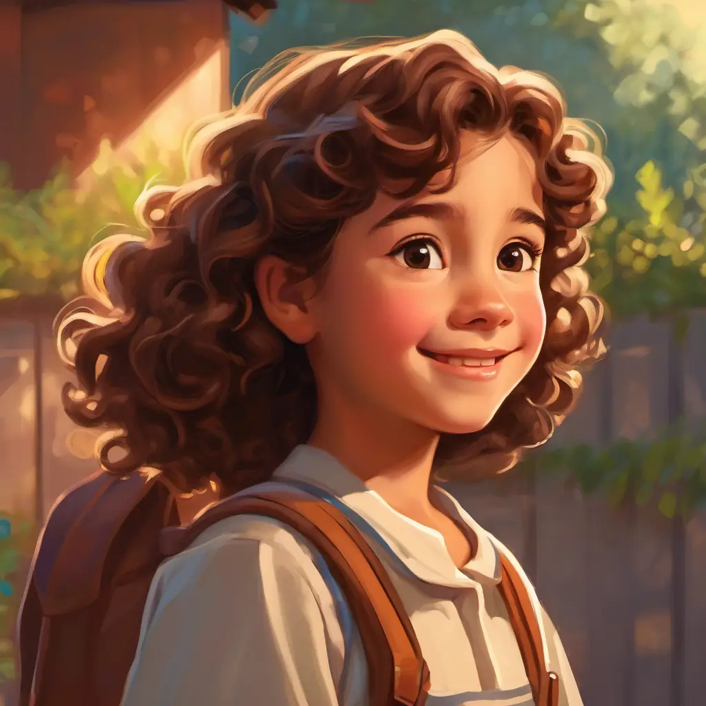 Young girl, curly brown hair, brown eyes, always carrying a smile explains her good deed to her parents.