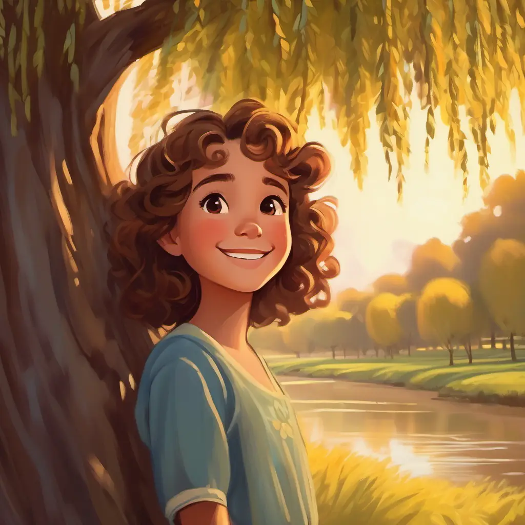 Young girl, curly brown hair, brown eyes, always carrying a smile talks to the willow tree, admiring it.