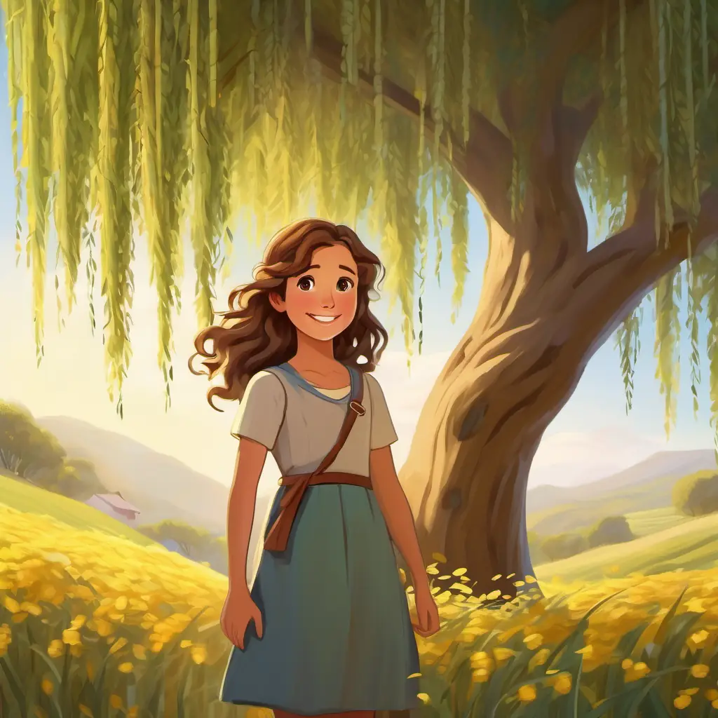 Willow tree responding to Young girl, curly brown hair, brown eyes, always carrying a smile.