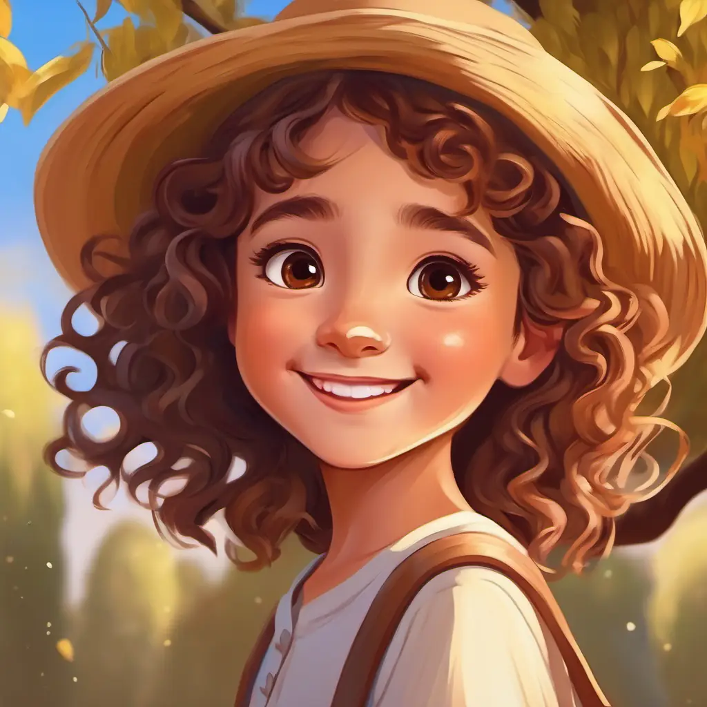 Young girl, curly brown hair, brown eyes, always carrying a smile decides to play outside near the willow tree.