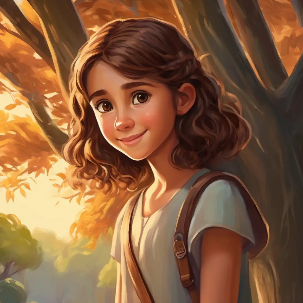 The willow tree communicates a problem to Young girl, curly brown hair, brown eyes, always carrying a smile.