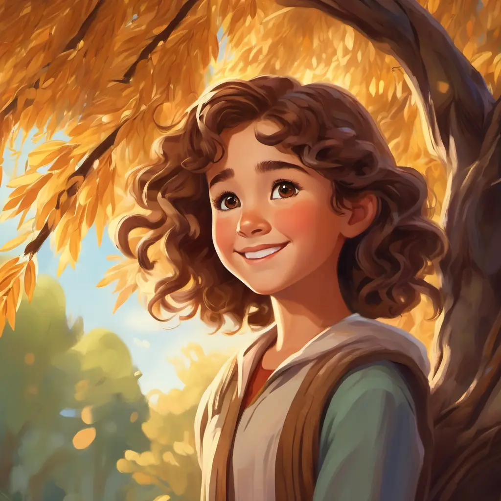 Young girl, curly brown hair, brown eyes, always carrying a smile discovers the source of the willow tree's discomfort.
